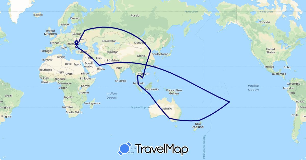 TravelMap itinerary: driving in United Arab Emirates, Australia, Bulgaria, China, France, Indonesia, Cambodia, Mongolia, Malaysia, New Zealand, Russia, Thailand, Vietnam (Asia, Europe, Oceania)